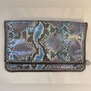 Stella McCartney Falabella Iridescent Blue Snake-Print Foldover Flap Clutch